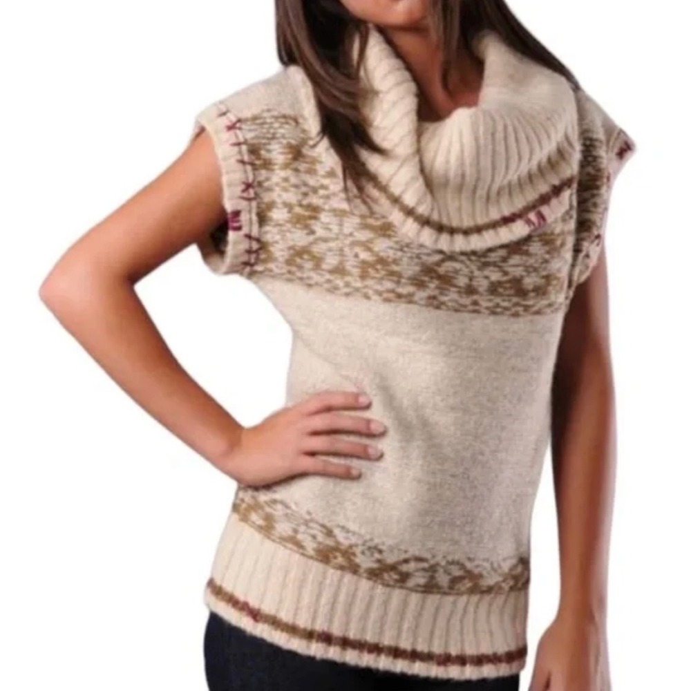 Free People Women M Cowl‎ Neck Fair Isle Chunky Knit Wool Blend Sweater Vest